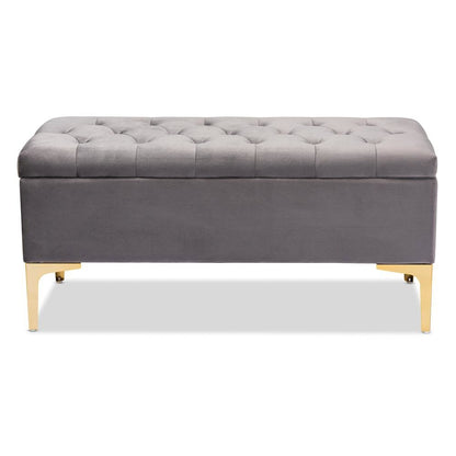 Luxe Grey Velvet Fabric Upholstered Gold Finished Button Tufted Storage Ottoman
