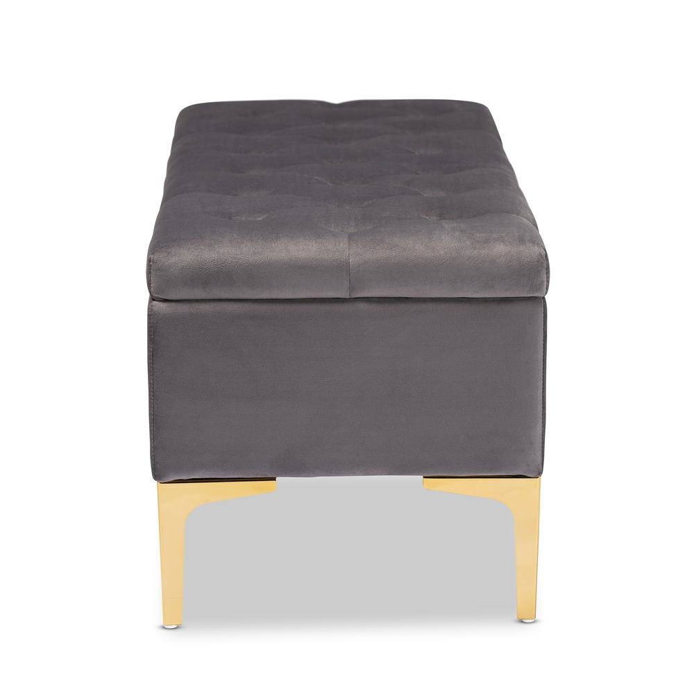 Luxe Grey Velvet Fabric Upholstered Gold Finished Button Tufted Storage Ottoman