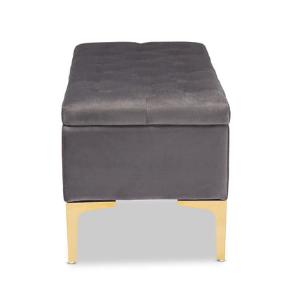 Luxe Grey Velvet Fabric Upholstered Gold Finished Button Tufted Storage Ottoman