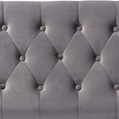 Luxe Grey Velvet Fabric Upholstered Gold Finished Button Tufted Storage Ottoman