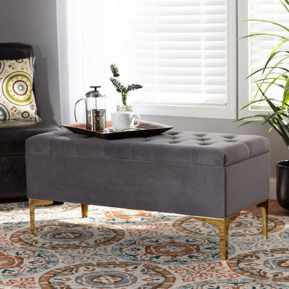 Luxe Grey Velvet Fabric Upholstered Gold Finished Button Tufted Storage Ottoman