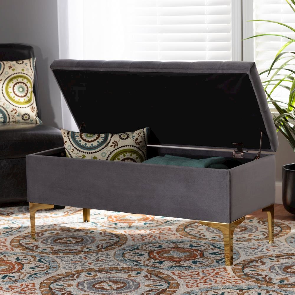 Luxe Grey Velvet Fabric Upholstered Gold Finished Button Tufted Storage Ottoman