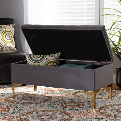Luxe Grey Velvet Fabric Upholstered Gold Finished Button Tufted Storage Ottoman