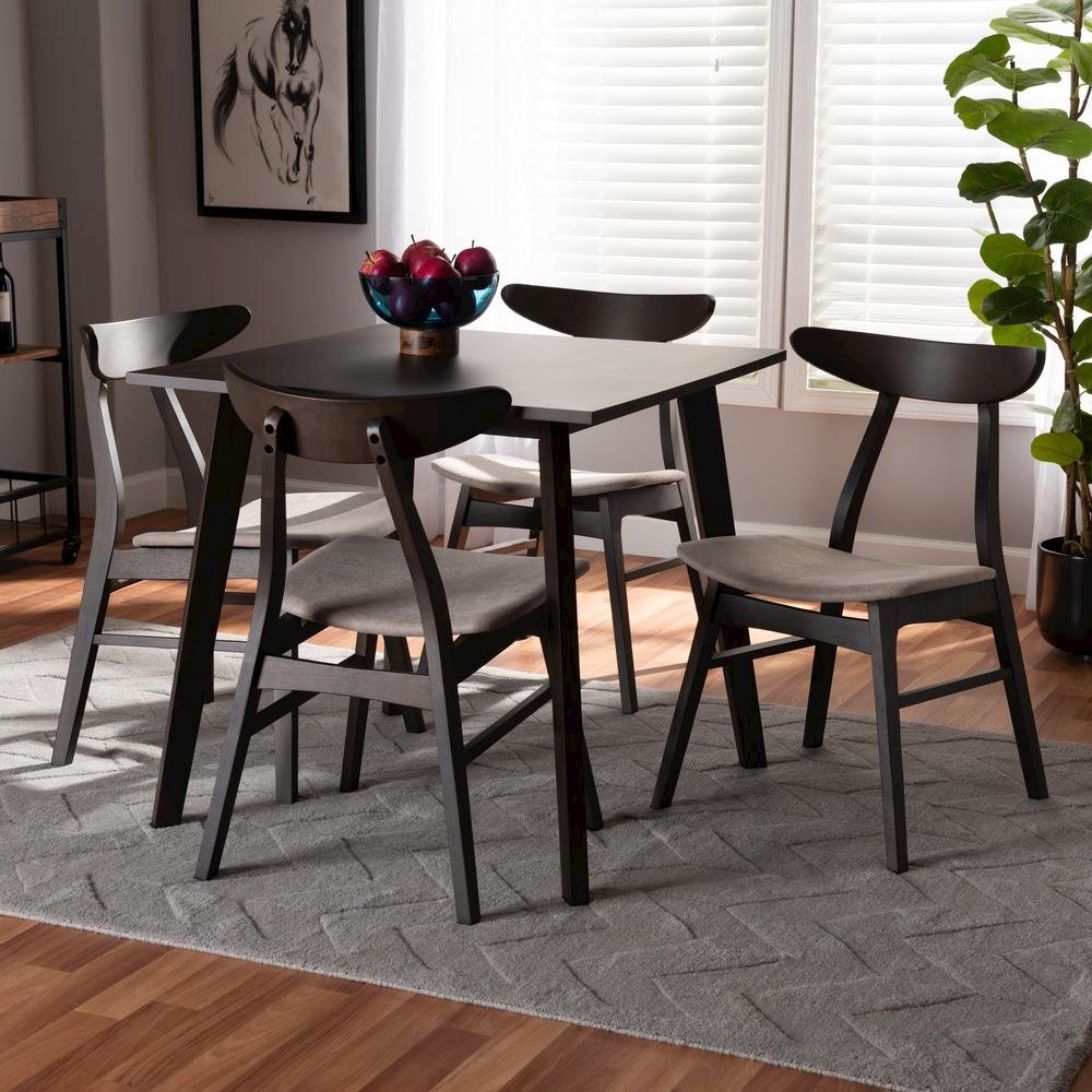 Beige Fabric Upholstered Dark Oak Brown Finished 5-Piece Wood Dining Set