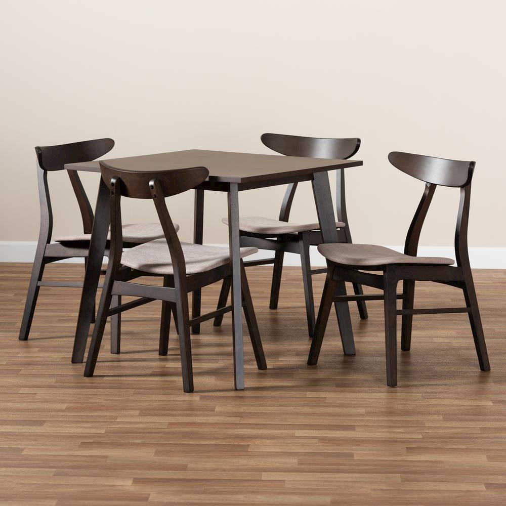 Beige Fabric Upholstered Dark Oak Brown Finished 5-Piece Wood Dining Set