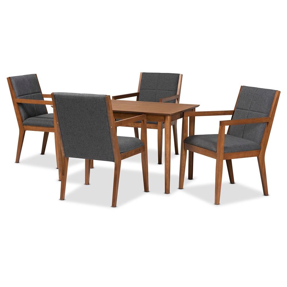 Dark Grey Fabric Upholstered and Walnut Brown Finished Wood 5-Piece Dining Set