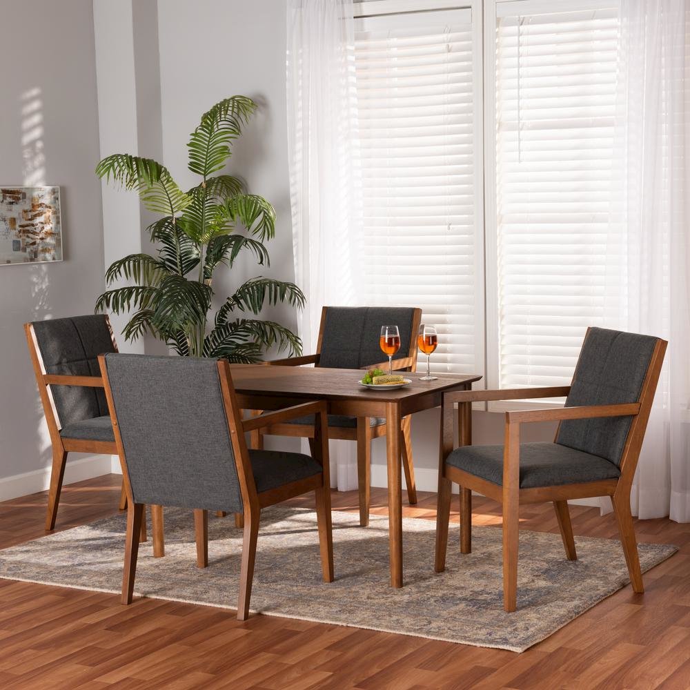 Dark Grey Fabric Upholstered and Walnut Brown Finished Wood 5-Piece Dining Set