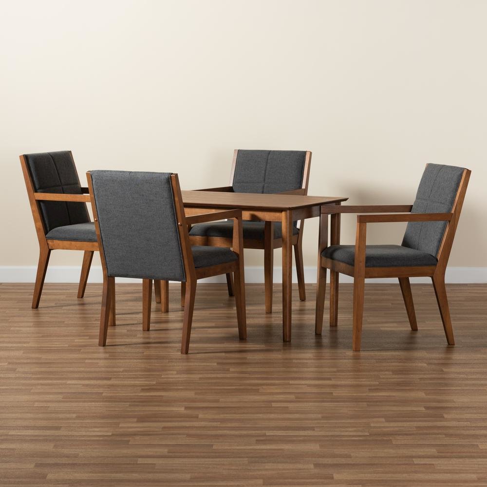 Dark Grey Fabric Upholstered and Walnut Brown Finished Wood 5-Piece Dining Set