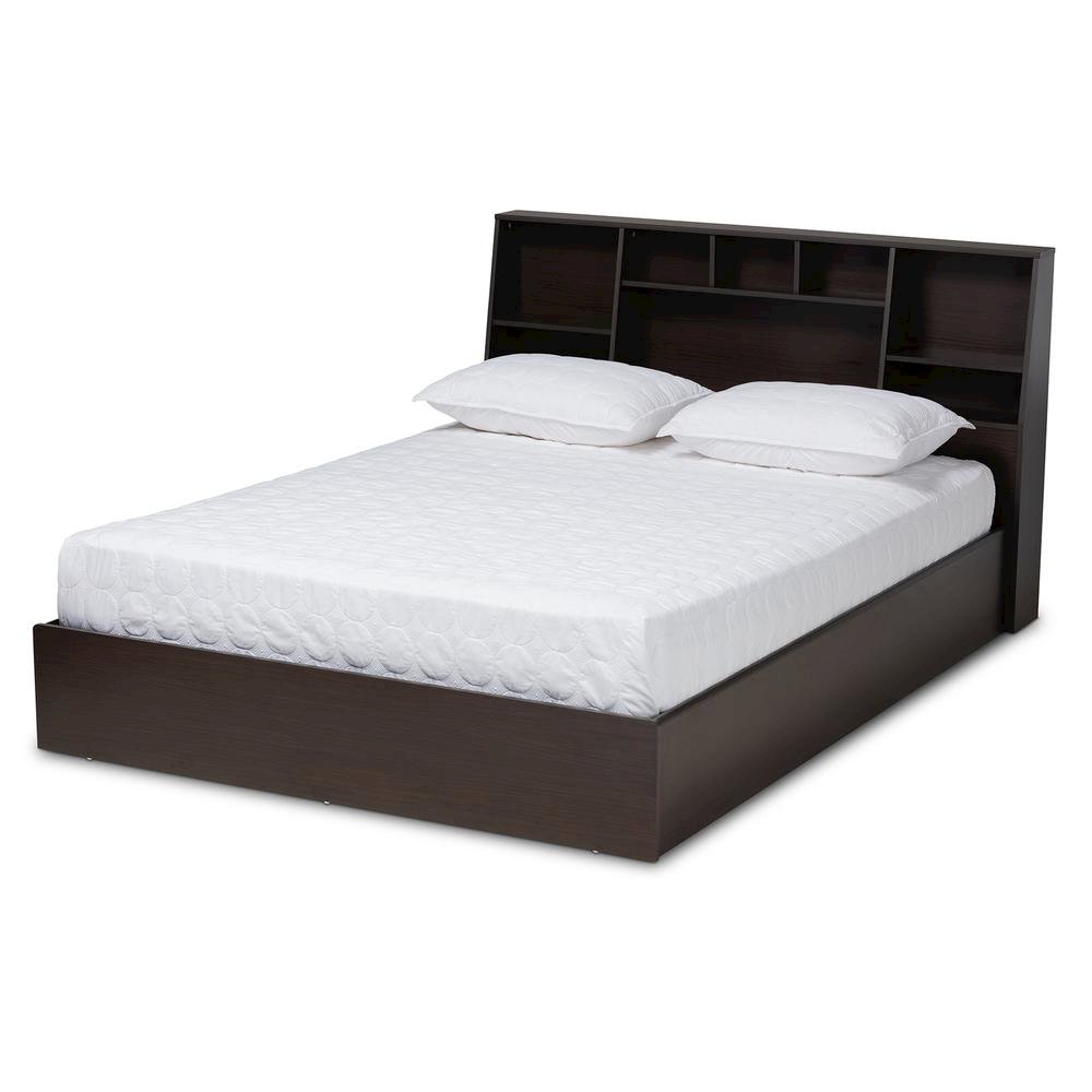 Dark Brown Finished Wood Queen Size Platform Storage Bed with Shelves