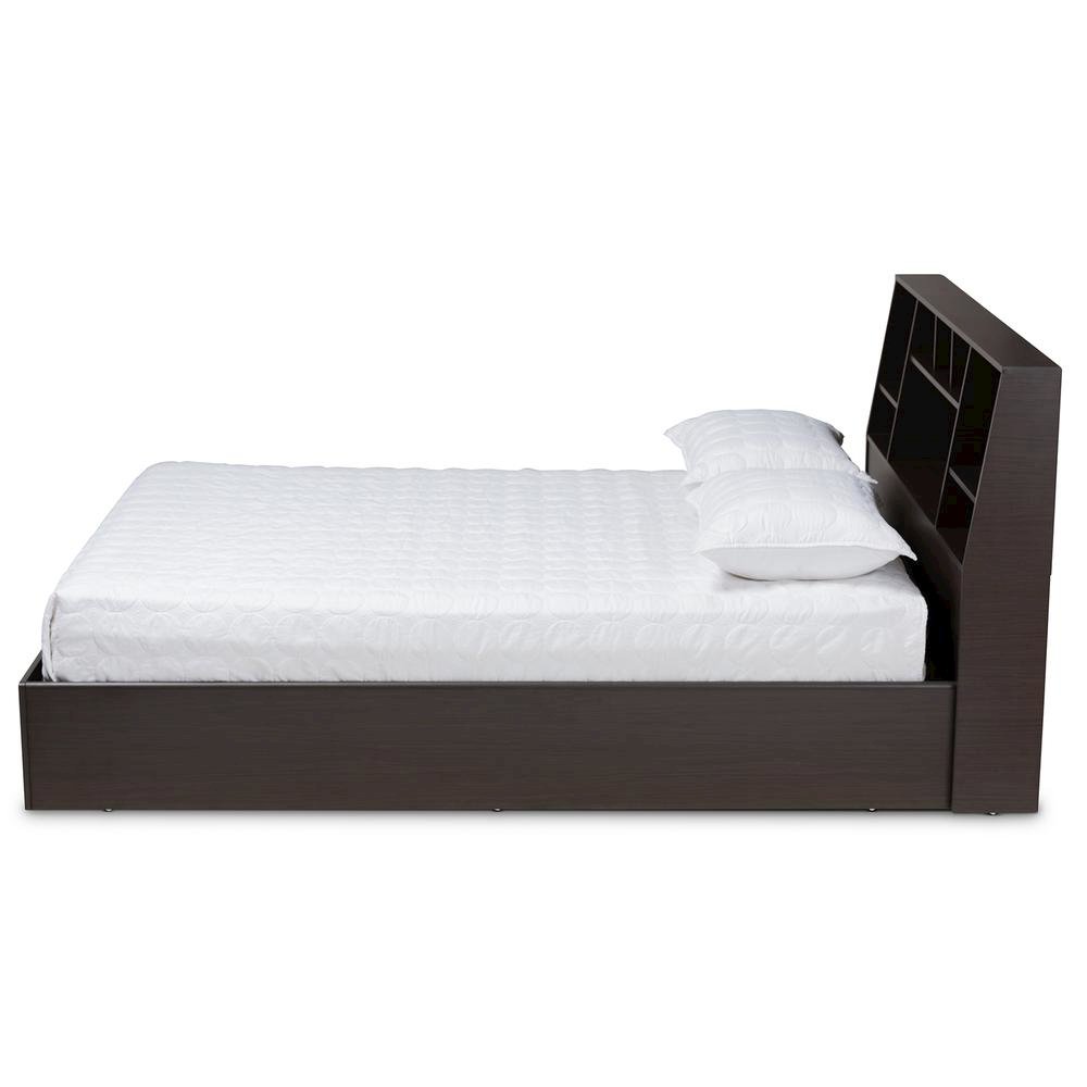 Dark Brown Finished Wood Queen Size Platform Storage Bed with Shelves