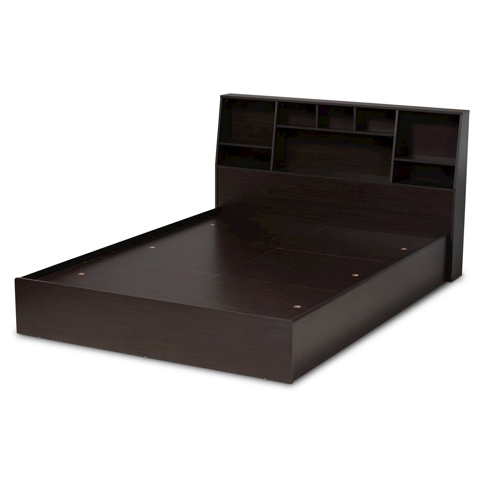 Dark Brown Finished Wood Queen Size Platform Storage Bed with Shelves