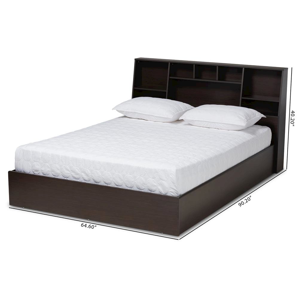 Dark Brown Finished Wood Queen Size Platform Storage Bed with Shelves