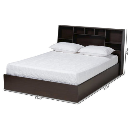 Dark Brown Finished Wood Queen Size Platform Storage Bed with Shelves