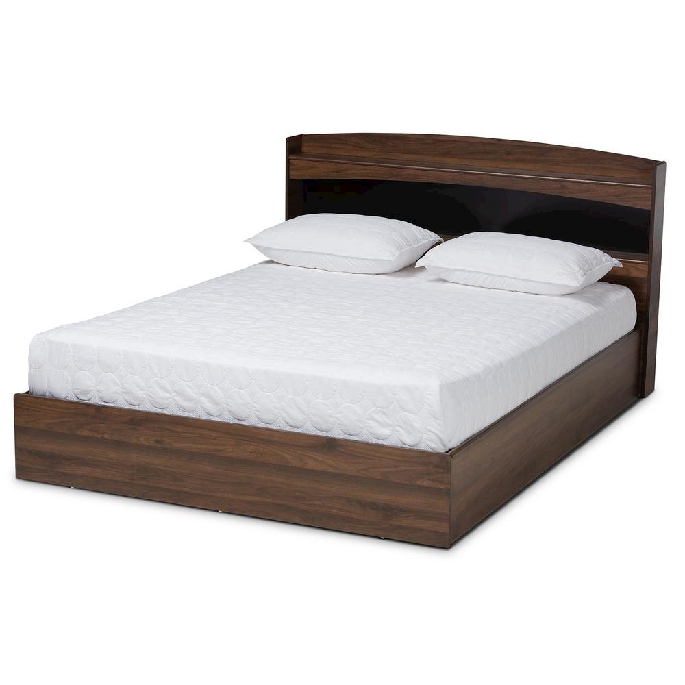 Rustic Walnut Brown Finished Wood Queen Size Platform Bed with Shelves