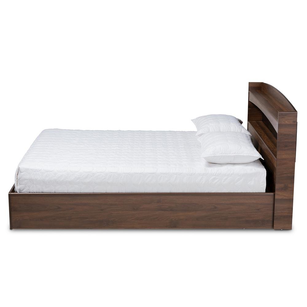 Rustic Walnut Brown Finished Wood Queen Size Platform Bed with Shelves