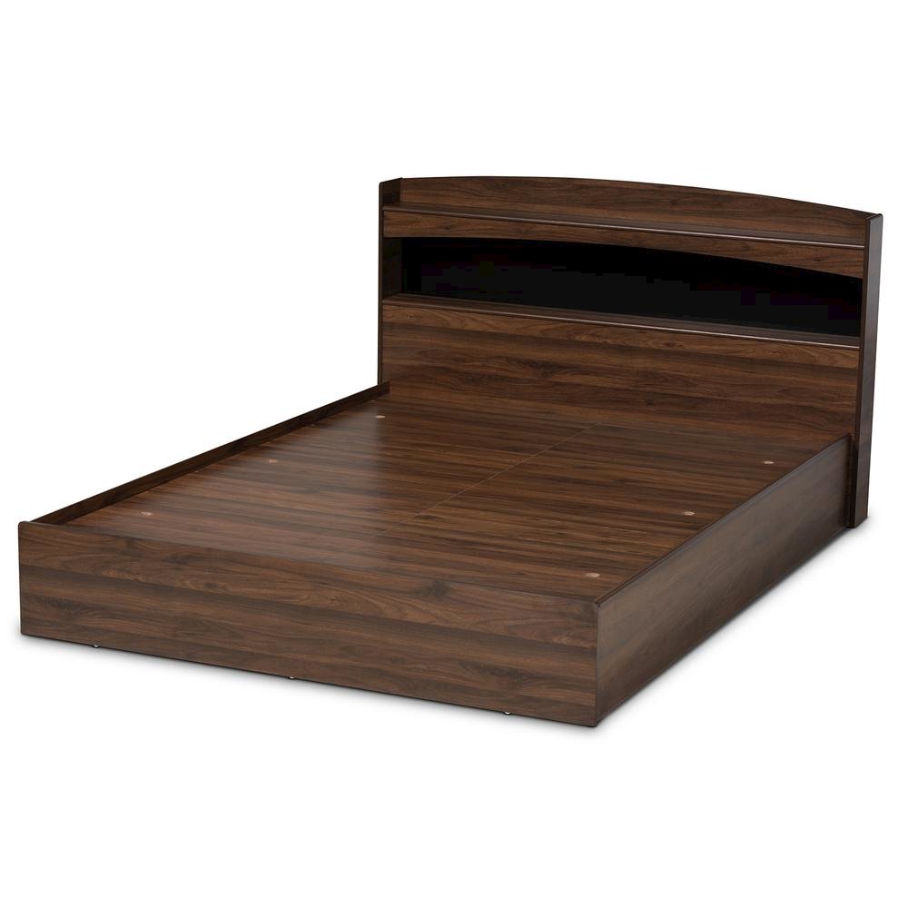 Rustic Walnut Brown Finished Wood Queen Size Platform Bed with Shelves