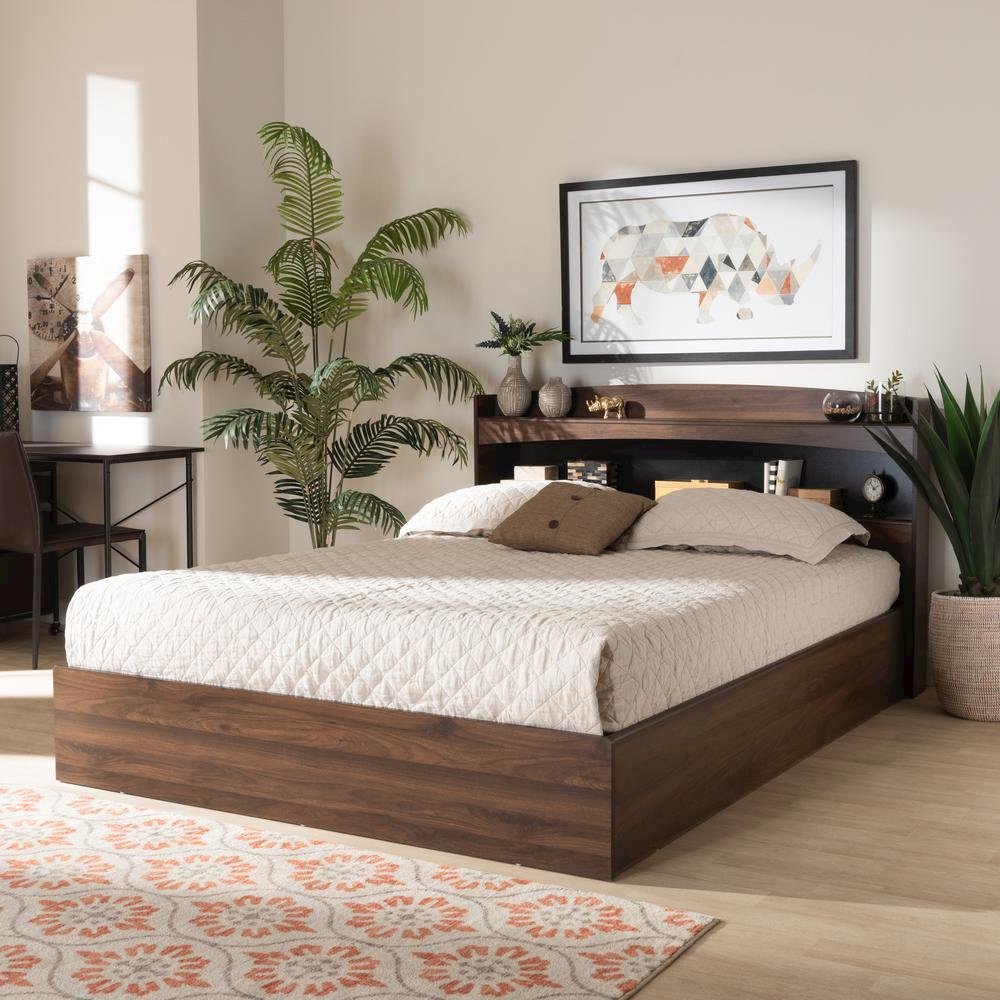 Rustic Walnut Brown Finished Wood Queen Size Platform Bed with Shelves