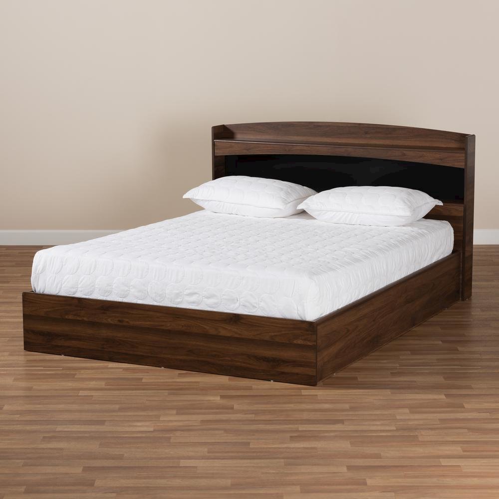 Rustic Walnut Brown Finished Wood Queen Size Platform Bed with Shelves