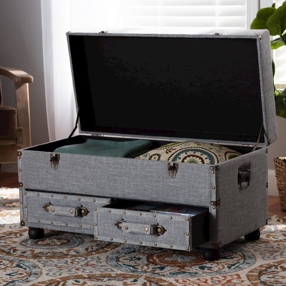 Flynn Modern Transitional Grey Fabric Upholstered 2-Drawer Storage Trunk Ottoman