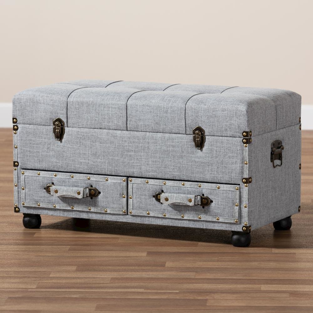 Flynn Modern Transitional Grey Fabric Upholstered 2-Drawer Storage Trunk Ottoman