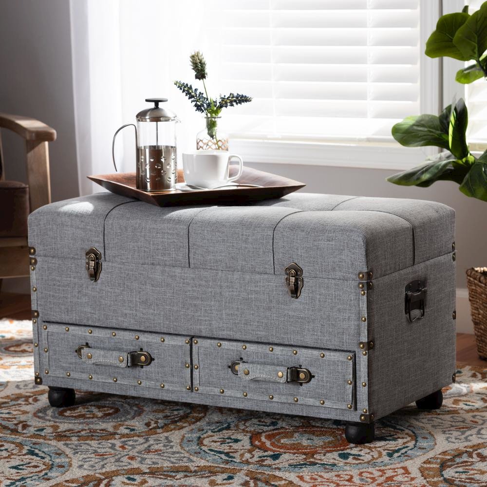 Flynn Modern Transitional Grey Fabric Upholstered 2-Drawer Storage Trunk Ottoman