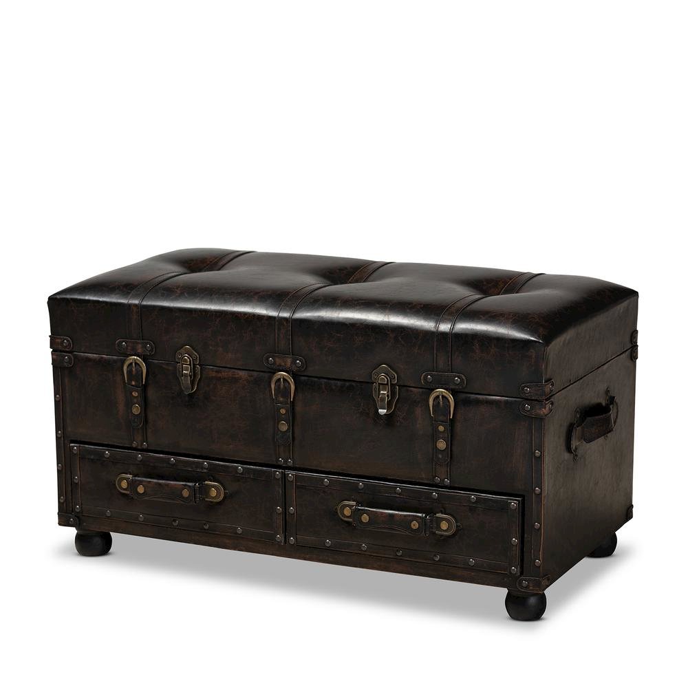 Leather Upholstered 2-Drawer Storage Trunk Ottoman