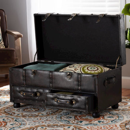 Leather Upholstered 2-Drawer Storage Trunk Ottoman