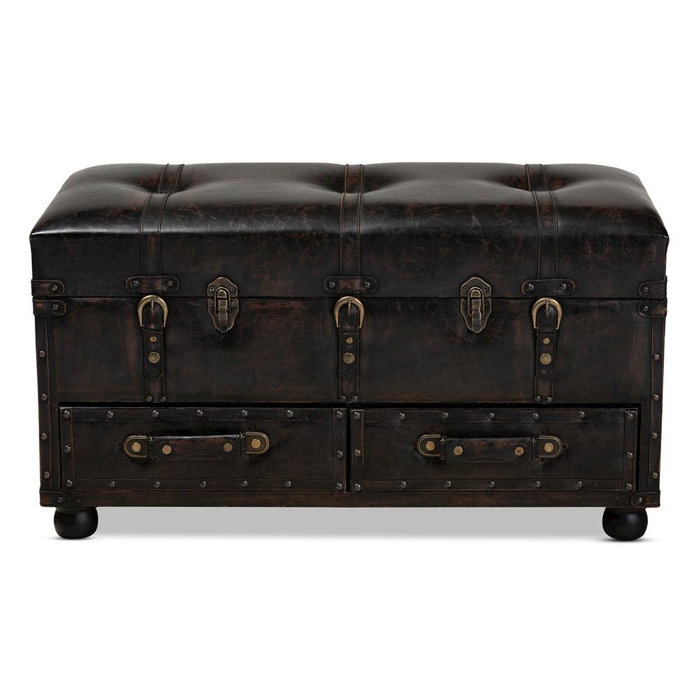 Leather Upholstered 2-Drawer Storage Trunk Ottoman