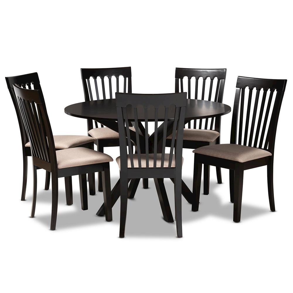 Sand Fabric Upholstered and Dark Brown Finished Wood 7-Piece Dining Set