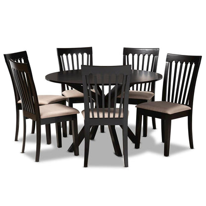 Sand Fabric Upholstered and Dark Brown Finished Wood 7-Piece Dining Set