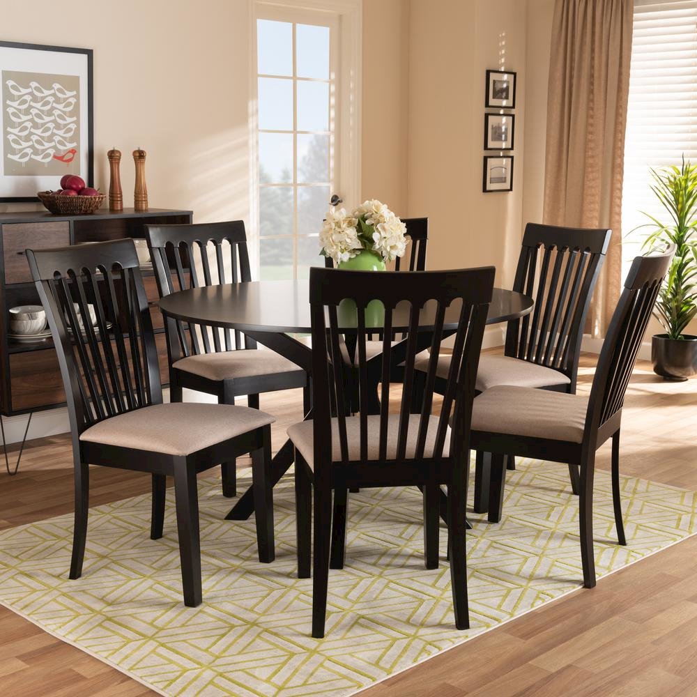 Sand Fabric Upholstered and Dark Brown Finished Wood 7-Piece Dining Set