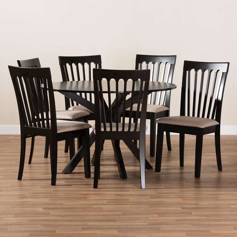 Sand Fabric Upholstered and Dark Brown Finished Wood 7-Piece Dining Set