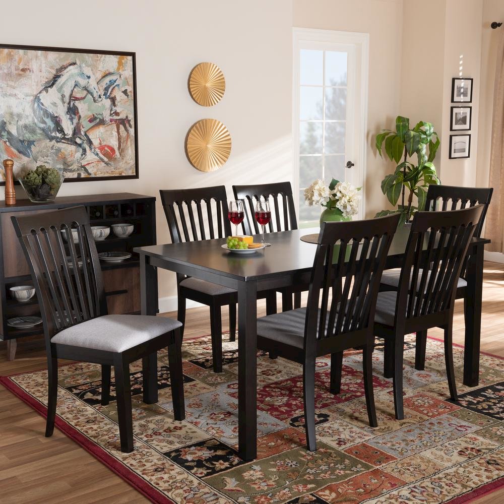 Gray Fabric Upholstered and Espresso Brown Finished Wood 7-Piece Dining Set