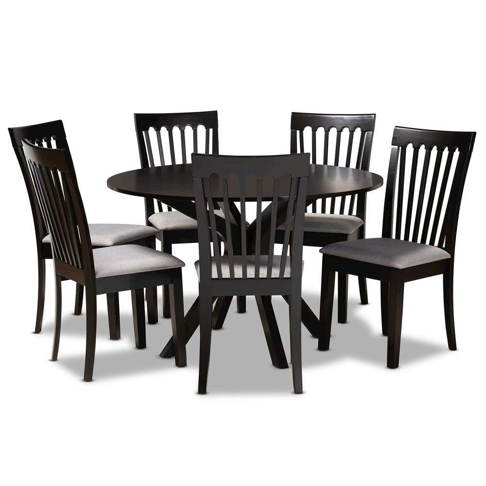 Grey Fabric Upholstered and Dark Brown Finished Wood 7-Piece Dining Set