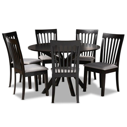 Grey Fabric Upholstered and Dark Brown Finished Wood 7-Piece Dining Set