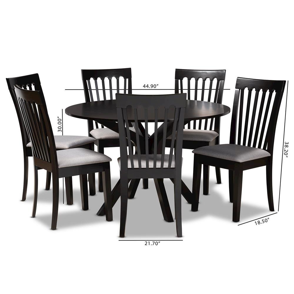 Grey Fabric Upholstered and Dark Brown Finished Wood 7-Piece Dining Set