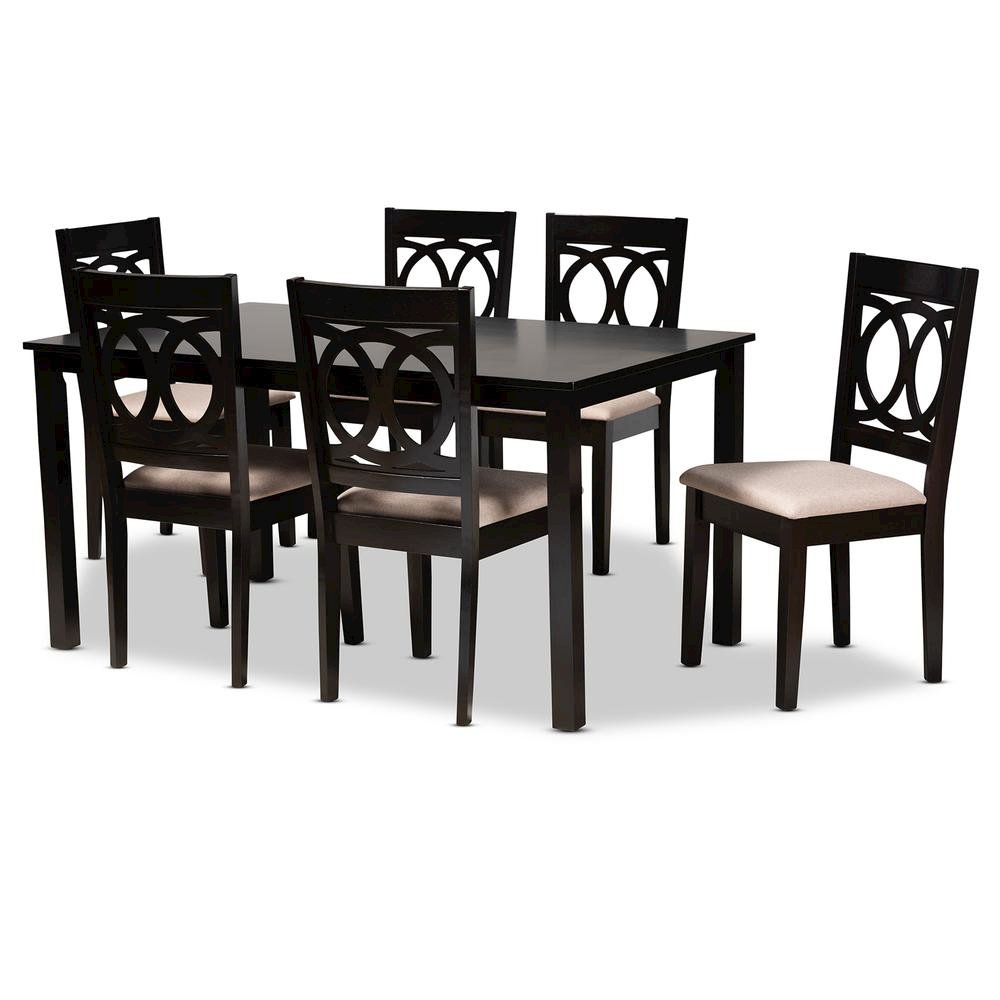 Sand Fabric Upholstered Espresso Brown Finished Wood 7-Piece Dining Set