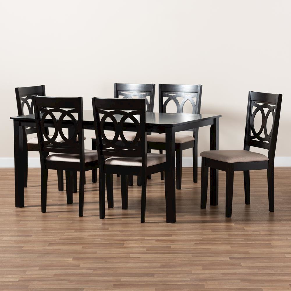 Sand Fabric Upholstered Espresso Brown Finished Wood 7-Piece Dining Set