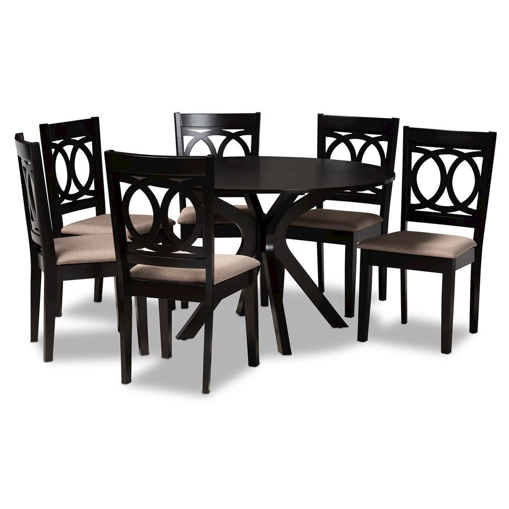 Sand Fabric Upholstered and Dark Brown Finished Wood 7-Piece Dining Set