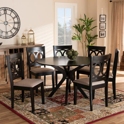 Sand Fabric Upholstered and Dark Brown Finished Wood 7-Piece Dining Set