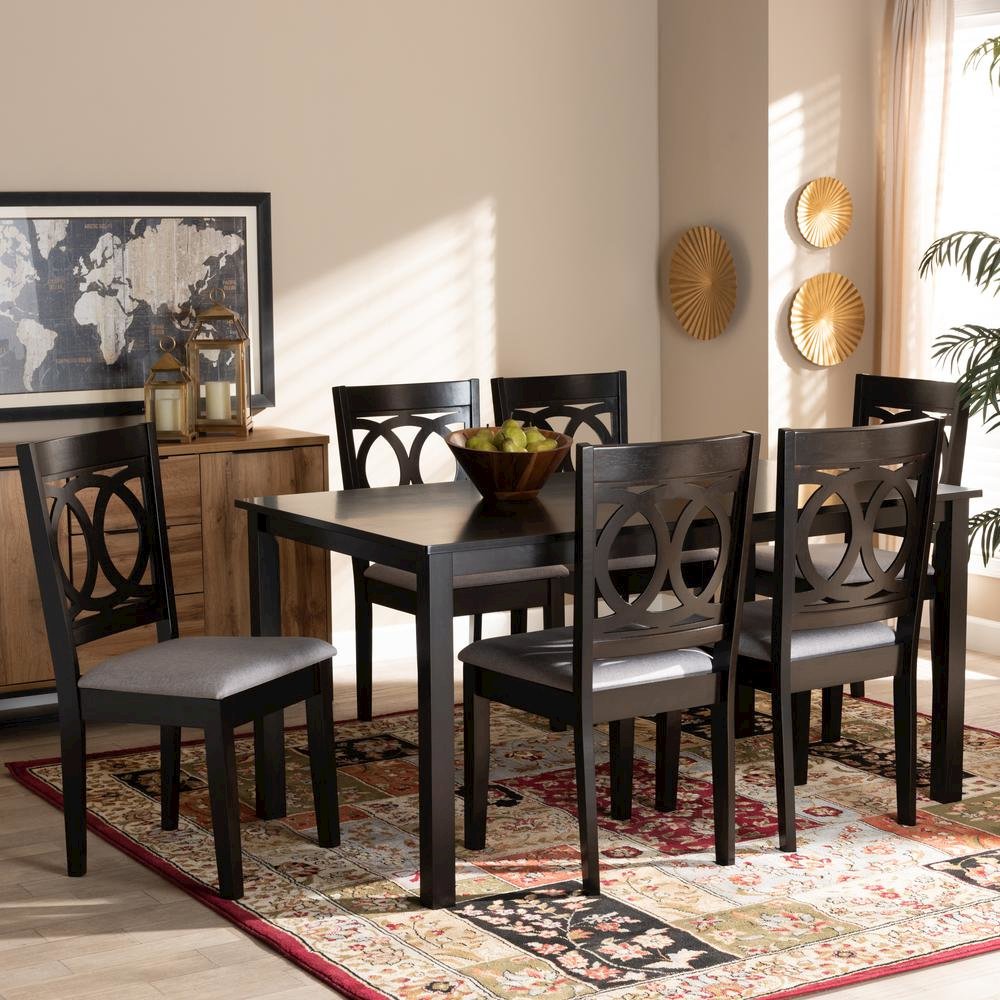 Grey Fabric Upholstered Espresso Brown Finished Wood 7-Piece Dining Set