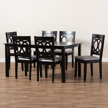 Grey Fabric Upholstered Espresso Brown Finished Wood 7-Piece Dining Set