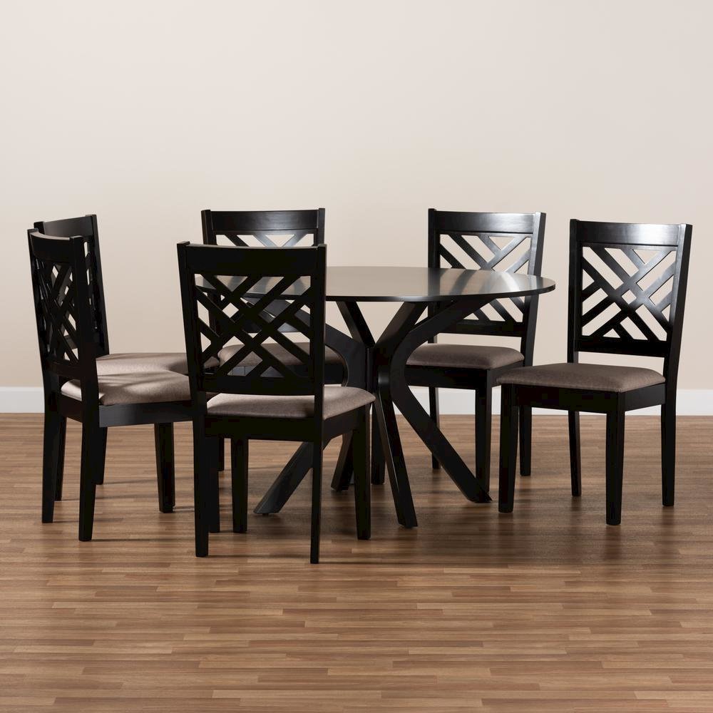 Sand Fabric Upholstered and Dark Brown Finished Wood 7-Piece Dining Set
