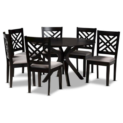 Grey Fabric Upholstered and Dark Brown Finished Wood 7-Piece Dining Set