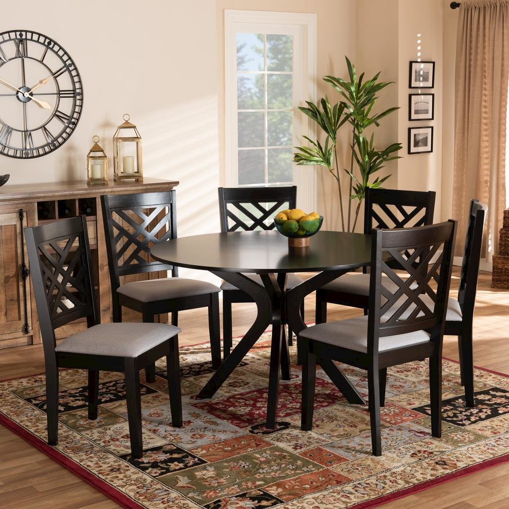 Grey Fabric Upholstered and Dark Brown Finished Wood 7-Piece Dining Set