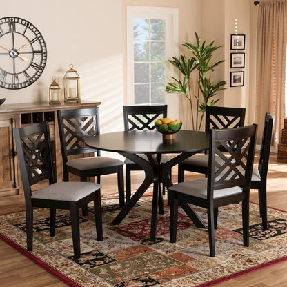 Grey Fabric Upholstered and Dark Brown Finished Wood 7-Piece Dining Set