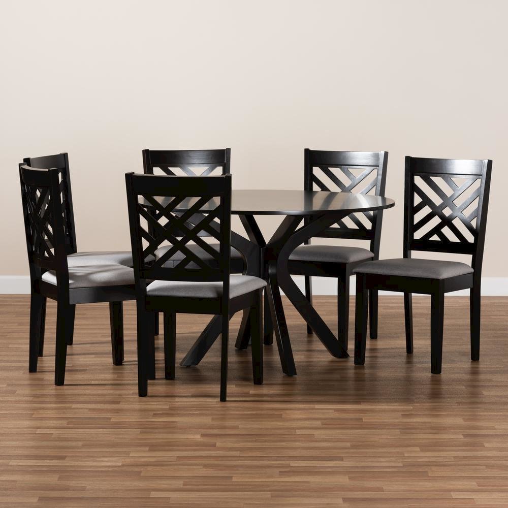 Grey Fabric Upholstered and Dark Brown Finished Wood 7-Piece Dining Set