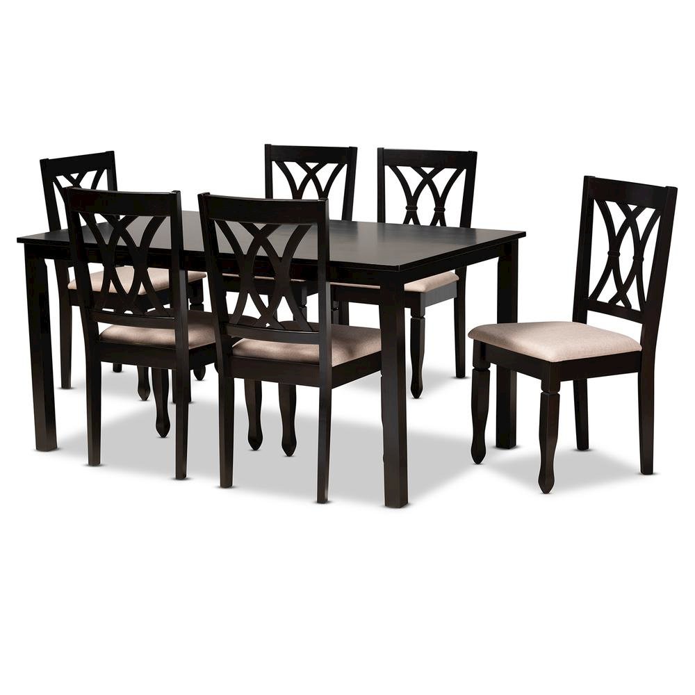 Sand Fabric Upholstered Espresso Brown Finished Wood 7-Piece Dining Set