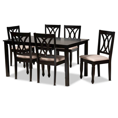 Sand Fabric Upholstered Espresso Brown Finished Wood 7-Piece Dining Set