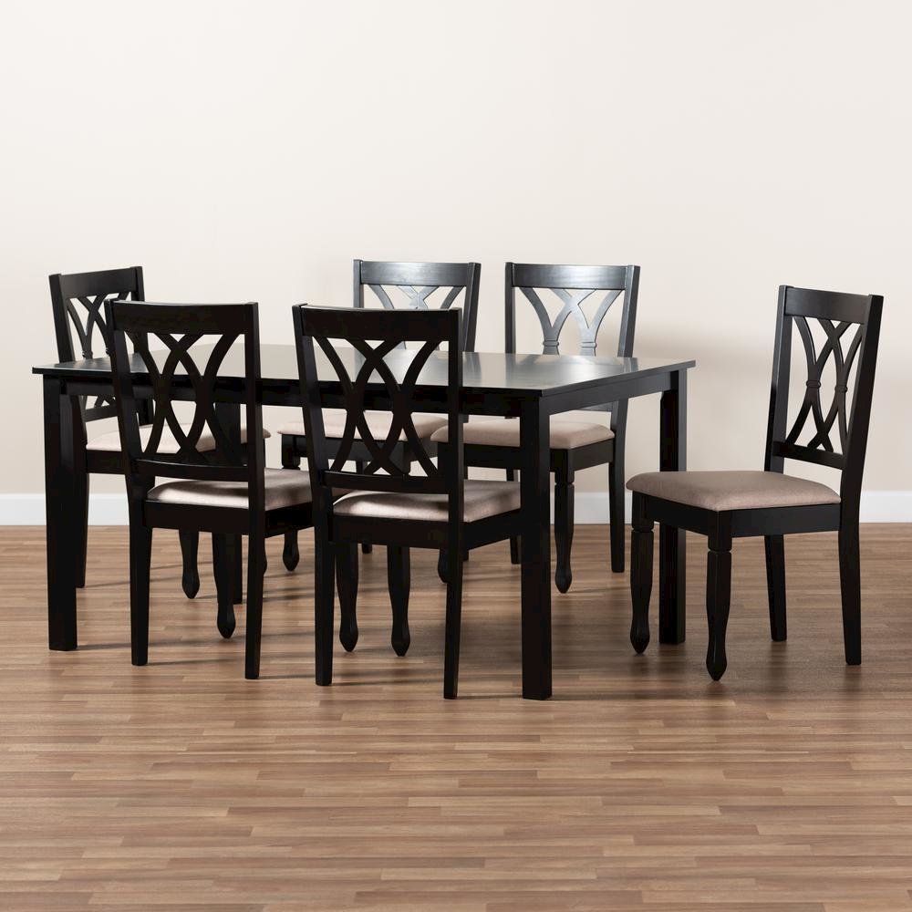 Sand Fabric Upholstered Espresso Brown Finished Wood 7-Piece Dining Set